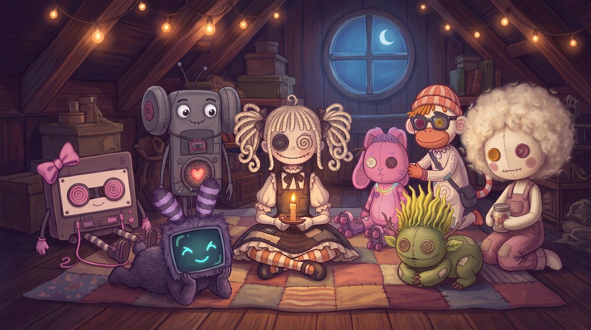 A painted attic at night: the handmade toys gathered on a patchwork quilt, Hollow Belle in the middle holding her lit candle.