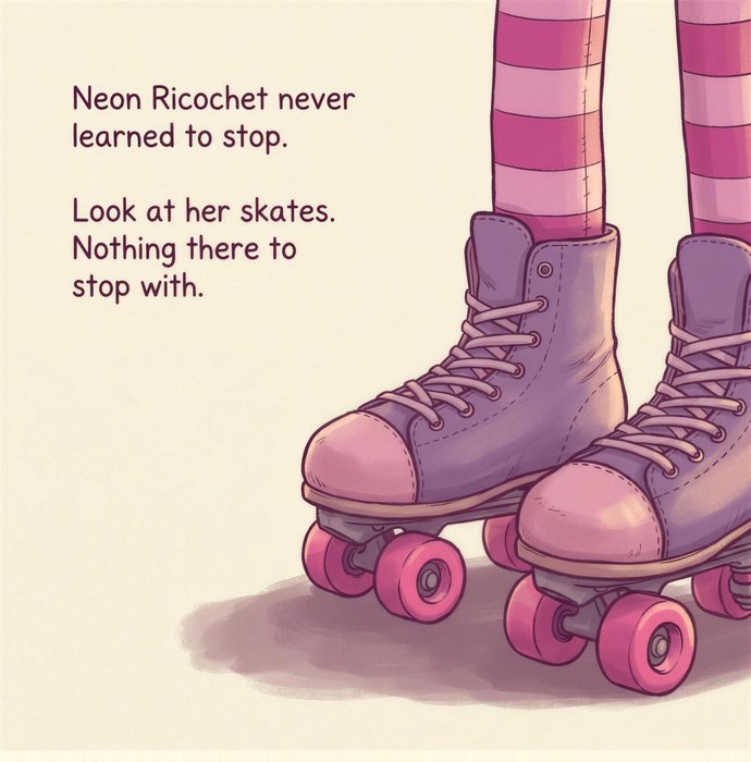 Page from Both Knees: a close view of striped legs and worn purple roller skates. The text reads, Neon Ricochet never learned to stop. Look at her skates. Nothing there to stop with.