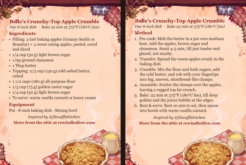 The printable recipe cards for Belle&rsquo;s Crunchy-Top Apple Crumble: an Ingredients card and a Method card on aged parchment, side by side.