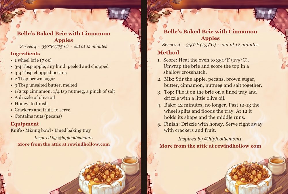 The printable recipe cards for Belle&rsquo;s Baked Brie with Cinnamon Apples: an Ingredients card and a Method card on aged parchment, side by side.