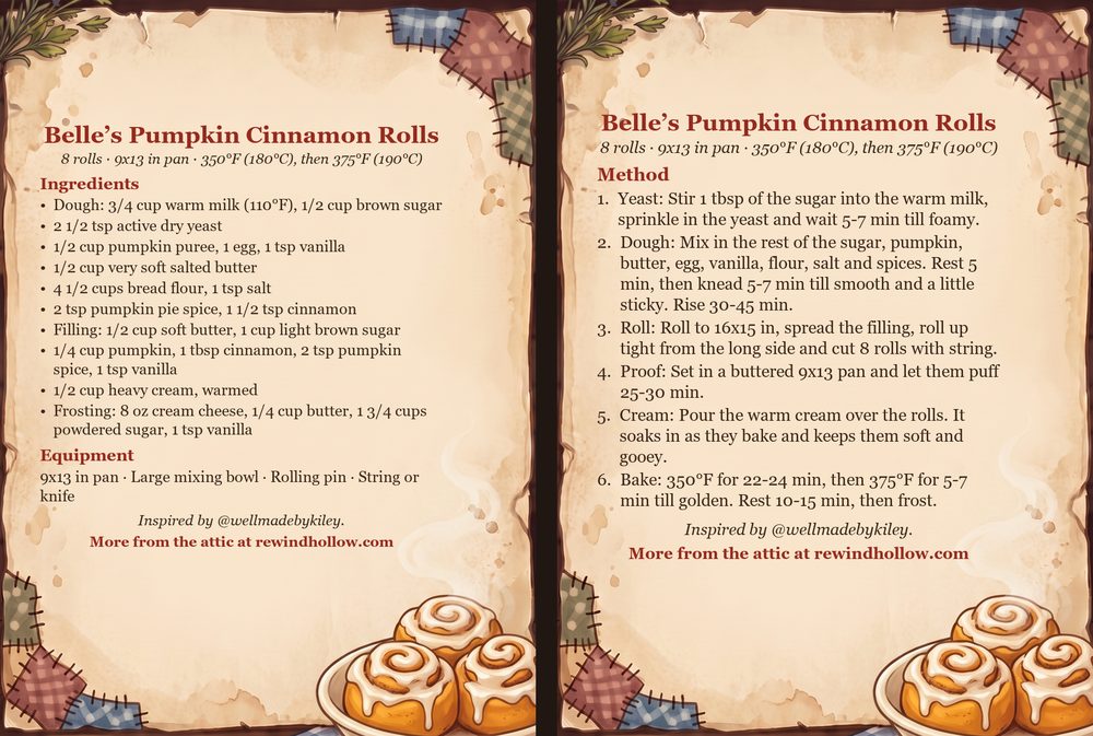 The printable recipe cards for Belle&rsquo;s Pumpkin Cinnamon Rolls: an Ingredients card and a Method card on aged parchment, side by side.