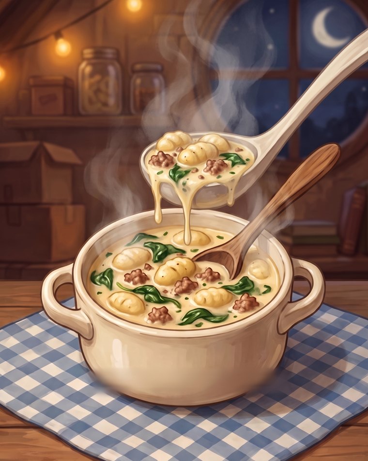 A painted attic kitchen at night: a wooden ladle lifts a creamy soup with dumplings and spinach out of a cream-coloured pot on a blue gingham cloth, steam rising, string lights and a round moonlit window behind.
