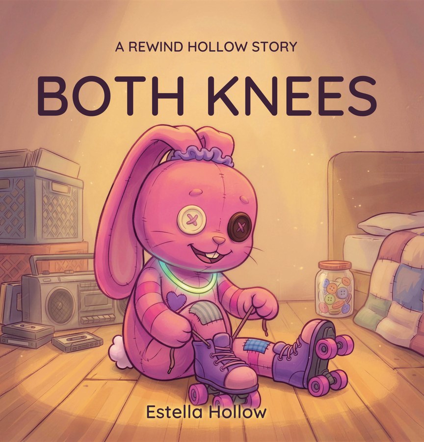 Cover of Both Knees: a pink stitched rabbit sits on an attic floor lacing a purple roller skate, a jar of buttons and a stack of boomboxes beside her.