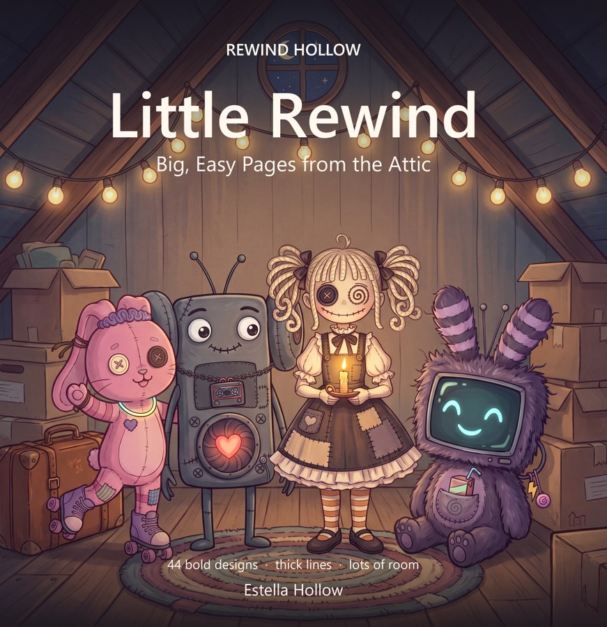 Cover of Little Rewind: four attic toys stand together under a string of lights in a moonlit attic, beneath the title lettering.