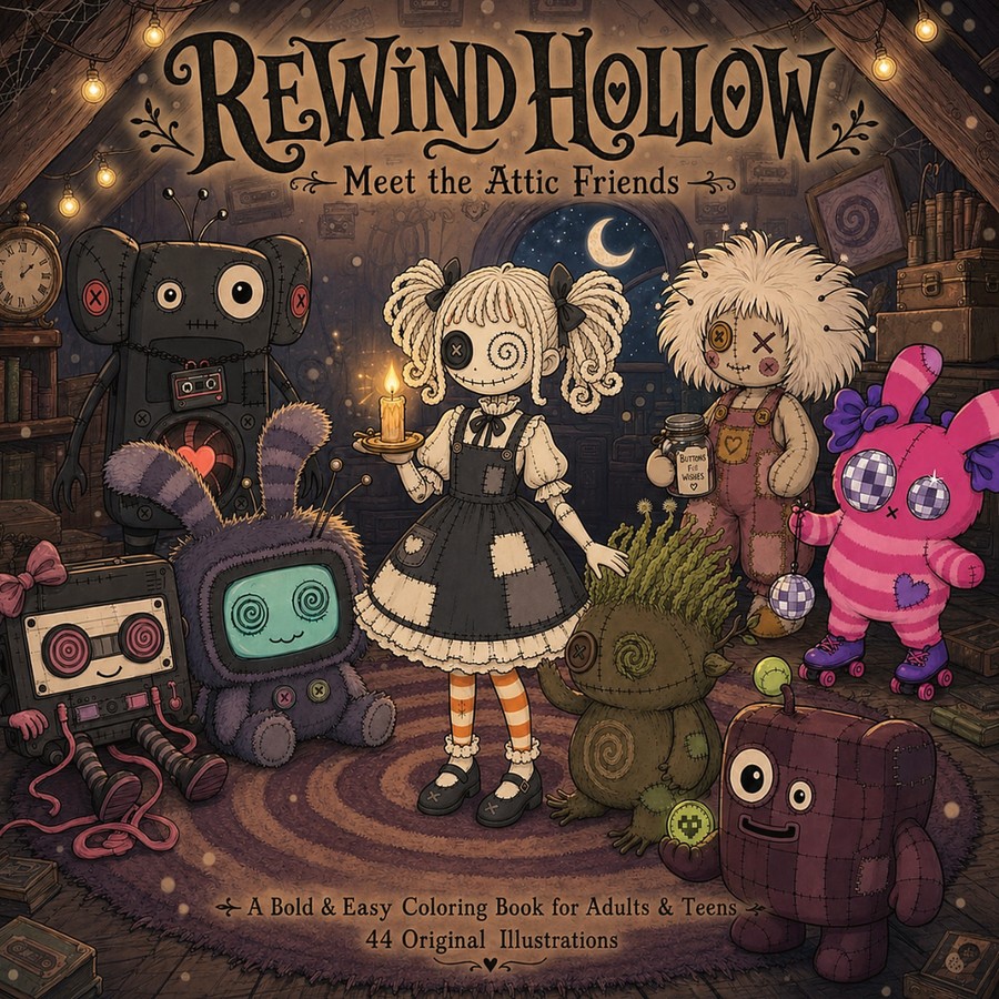 Cover of Rewind Hollow: Meet the Attic Friends. The eight attic friends gathered in a moonlit attic strung with lights, under the title lettering and a candle.
