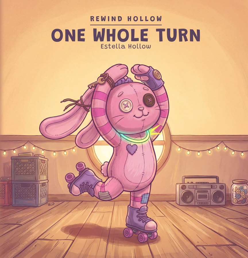 Cover of One Whole Turn: a pink stitched rabbit on roller skates spins on one foot in a warm attic, arms lifted, a glowing collar at her neck, milk crates and a boombox behind her.