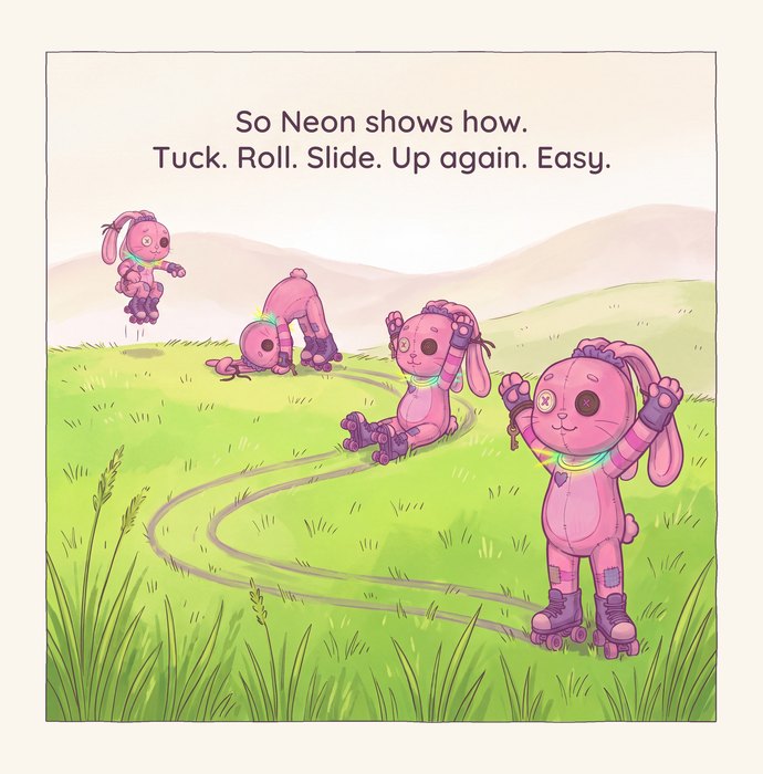 Page from How to Stop: Neon comes down a grassy hill in four stages, a jump, a roll, a slide and standing tall with her arms up. The text reads, So Neon shows how. Tuck. Roll. Slide. Up again. Easy.