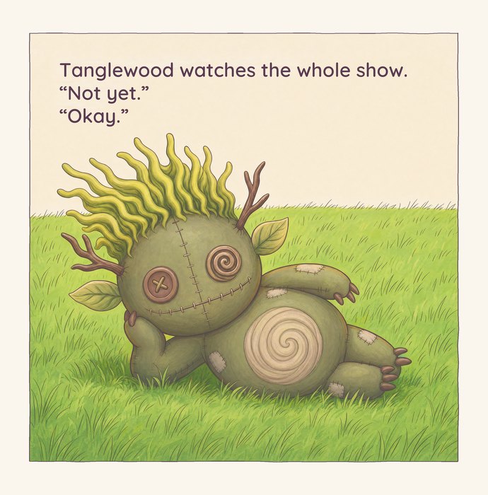 Page from How to Stop: Tanglewood lies propped on one arm in the grass, watching. The text reads, Tanglewood watches the whole show. Not yet. Okay.