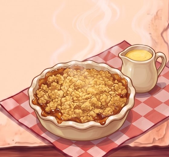 A painted fluted dish of golden crumble topping over bubbling apple filling, with a small cream jug of vanilla custard beside it, on a red checked cloth with steam rising.