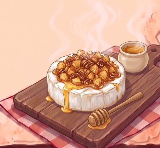 A painted round of baked brie piled with golden diced apple and pecans, honey running down its side, on a wooden board beside a small jar of honey and a wooden honey dipper, on a red checked cloth with steam rising.