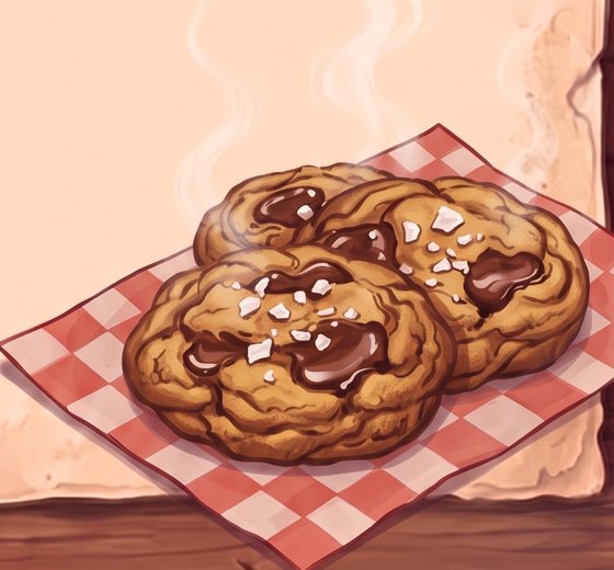 Three painted brown butter chocolate chip cookies with melted chocolate and flaky salt, steaming on a red checked paper.