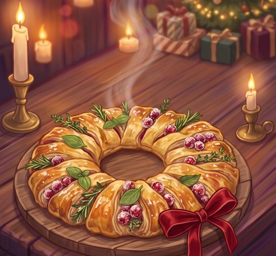 A painted golden puff pastry wreath dressed with sugared cranberries, rosemary and a red ribbon bow on a wooden board, in a candlelit attic with a Christmas tree and snowy window.