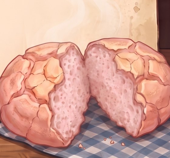 A painted pink cloud bread torn open to show an airy, soft pink centre, on a blue gingham cloth.