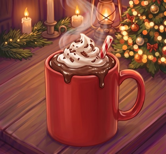 A painted red mug of thick glossy hot chocolate topped with whipped cream, chocolate shavings and a peppermint stick, in a candlelit attic with a lit Christmas tree.