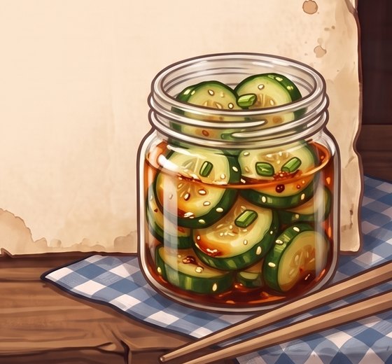 A painted glass jar of sliced cucumber in dark soy and chili oil, flecked with green onion and sesame seeds, with chopsticks beside it on a gingham cloth.