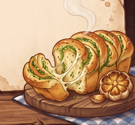 A painted golden pull-apart garlic bread loaf with bright green herb butter in its folds and melted cheese stretching from a pulled-away piece, on a round wooden board beside a roasted garlic bulb and a single clove, on a blue checked cloth with steam rising.