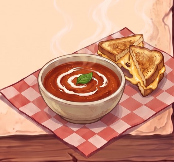 A painted bowl of red roasted tomato soup with a swirl of cream and a basil leaf, beside a halved golden grilled cheese with melted cheese, on a red checked paper with steam rising.
