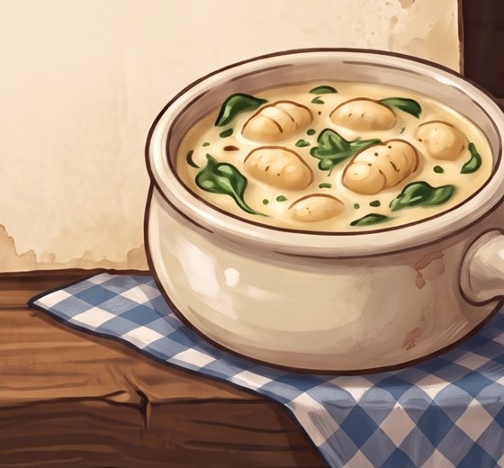 A painted cream-coloured soup pot full of creamy gnocchi soup with spinach, on a blue gingham cloth on a wooden table.