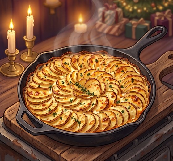 A painted black cast-iron pan of golden potato gratin, thin slices in a tight spiral with thyme on top, steaming on a rustic range in a candlelit attic with a Christmas tree and snowy window.