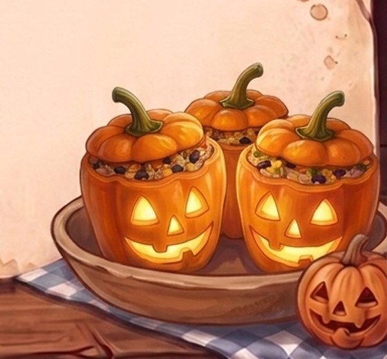 A painted dish of orange bell peppers carved with jack-o'-lantern faces and stuffed with rice, beans and corn, beside a small carved pumpkin on a blue checked cloth.