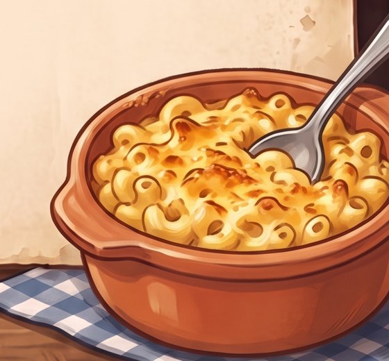 A painted terracotta dish of baked macaroni and cheese, golden and bubbling, with a fork standing in it, on a blue gingham cloth.