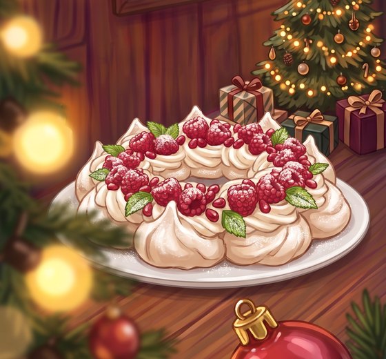 A painted pavlova wreath: a ring of crisp meringue mounds topped with whipped cream, raspberries, pomegranate seeds and mint, on a white plate in a candlelit attic with a Christmas tree and snowy window.