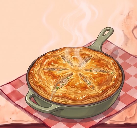 A painted green cast-iron pan holding a pot pie with a golden, flaky pastry lid cut with six slits that show creamy mushroom, pea and carrot filling, on a red checked cloth with steam rising.