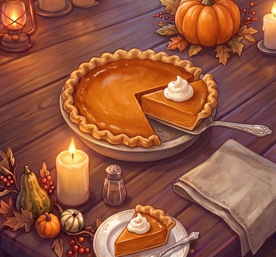 A painted homemade pumpkin pie with a smooth deep-orange filling and golden crimped crust, one slice cut out with whipped cream, beside a small sugar pumpkin on a candlelit Thanksgiving table.