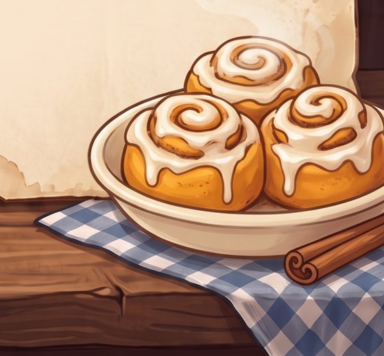A painted bowl of three frosted pumpkin cinnamon rolls, each a golden spiral with cream cheese frosting running down its sides, on a blue checked cloth beside a cinnamon stick, on a wooden table.