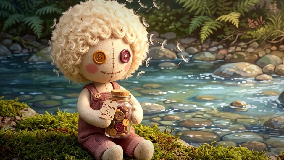 Dandelion Mend sitting on moss beside a clear creek, holding her jar of buttons.