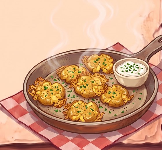 A painted cast-iron skillet of golden, crisp-edged smashed potatoes sprinkled with chives, with a small bowl of chive dip beside them, on a red checked cloth with steam rising.