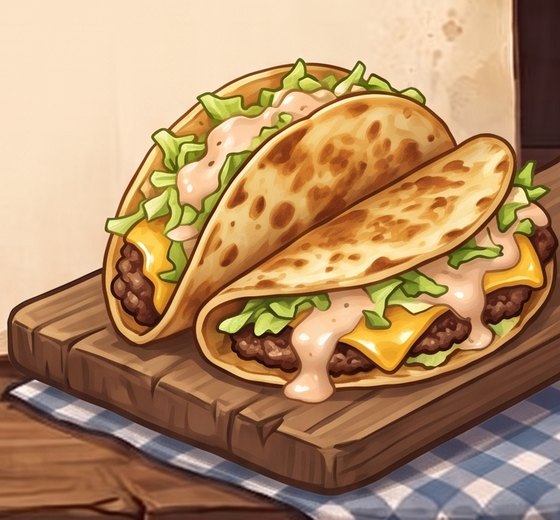 Two painted smash tacos with crisp browned tortillas, beef, melted cheese, lettuce and pink sauce, on a wooden board over a blue gingham cloth.