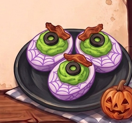 A painted dark plate of deviled egg halves with purple spiderweb-marbled whites, green dill filling, black olive pupils and bacon eyelids, beside a small carved pumpkin.