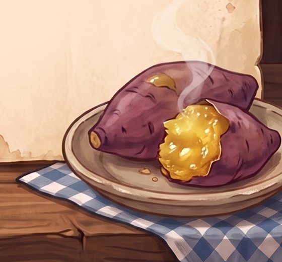 Two painted purple-skinned sweet potatoes on a plate, one split open to show a soft golden centre, steam rising.