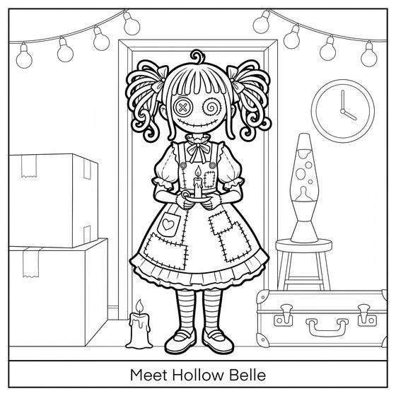 Line art page from Little Rewind, Meet Hollow Belle, uncoloured and ready for markers. Belle stands in an attic doorway holding a lit candle, under a string of bulbs.