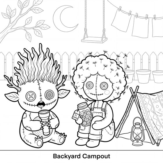 Line art page: a backyard campout at night, a tent and a torch under the trees.