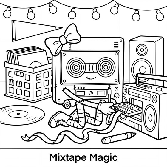 Line art page: a mixtape being timed off the radio, a finger over the record button.