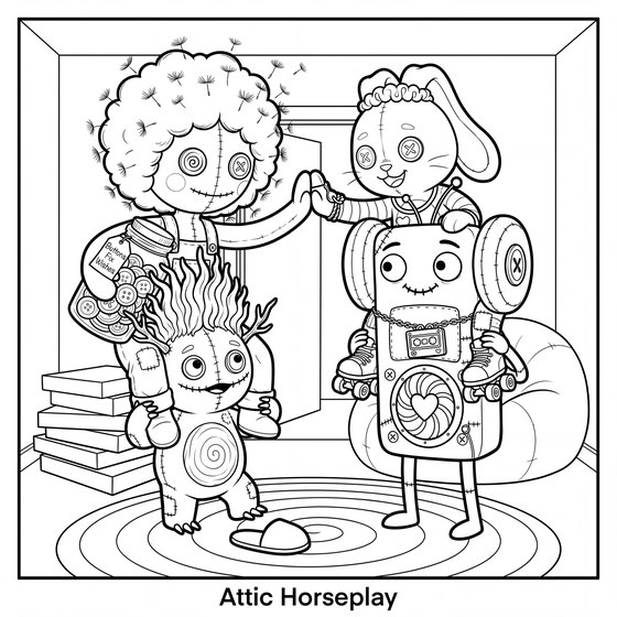 Line art page: two toys tumbling about together on an attic rug.