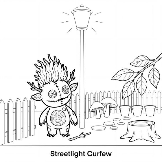 Line art page: a streetlight coming on over a garden fence at dusk.