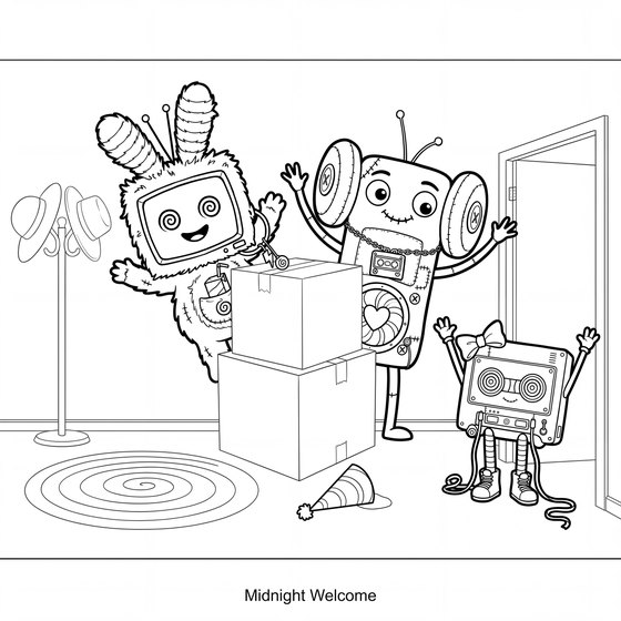 Line art page: toys waving from a lit attic doorway at night, a crescent moon behind them.