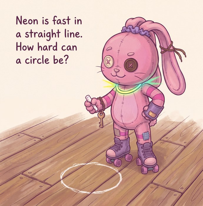 Page from One Whole Turn: Neon stands on the attic boards beside a chalk circle. The text reads, Neon is fast in a straight line. How hard can a circle be?