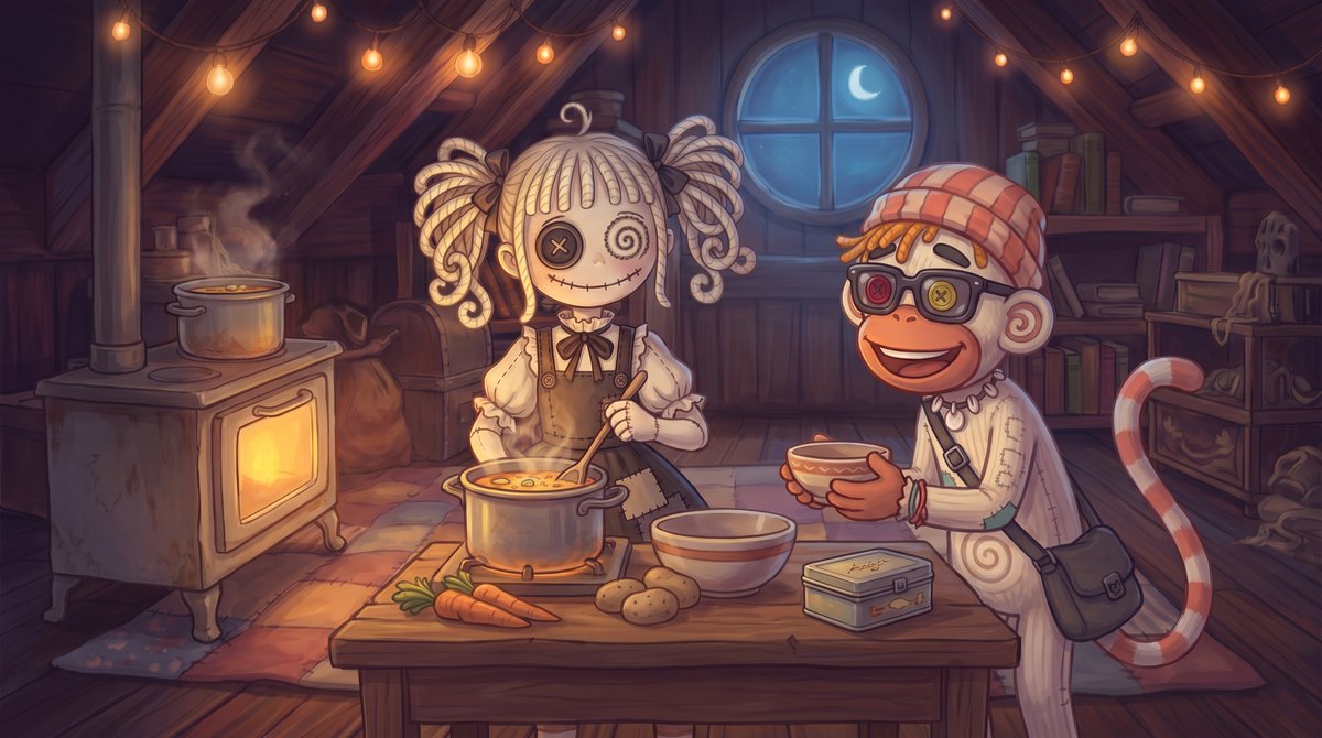 Hollow Belle stirs soup on the attic stove while Pixel Vex holds out his bowl.