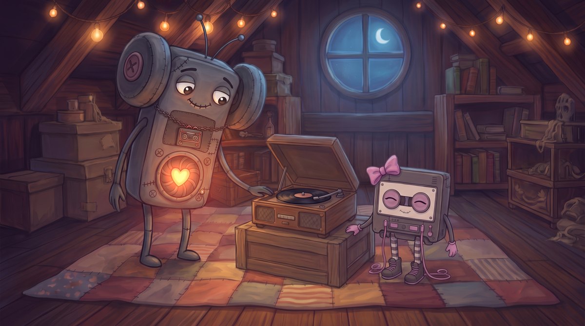 Reely and Boombeau listen to a record player in the attic.