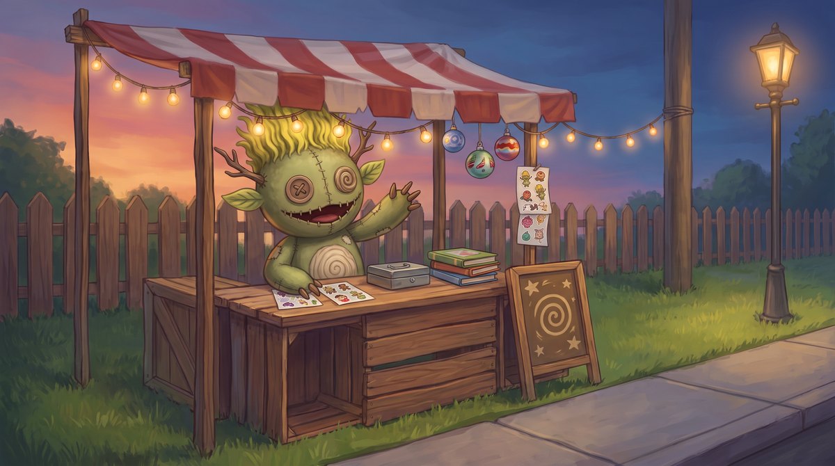 Tanglewood runs a little yard-sale stand at dusk, waving from behind a counter of sticker sheets, ornaments and picture books.