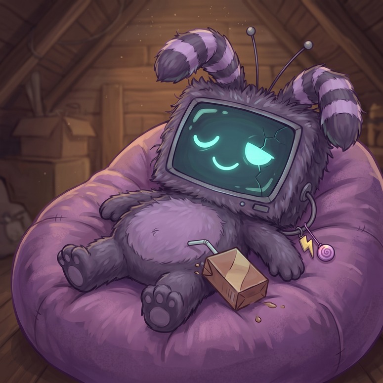Circular ornament preview of Static, a television-headed attic toy, asleep on a purple beanbag in the attic with his screen dimmed and a juice carton beside him.