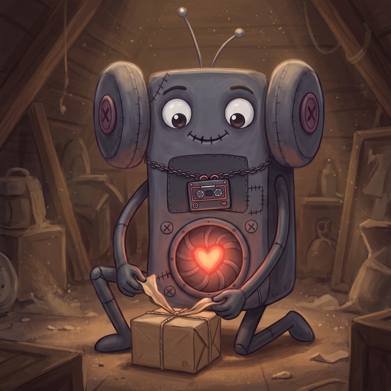 Circular ornament preview of Boombeau, a stereo-bodied attic toy with a glowing heart in his speaker cone, kneeling to unwrap a brown paper parcel.