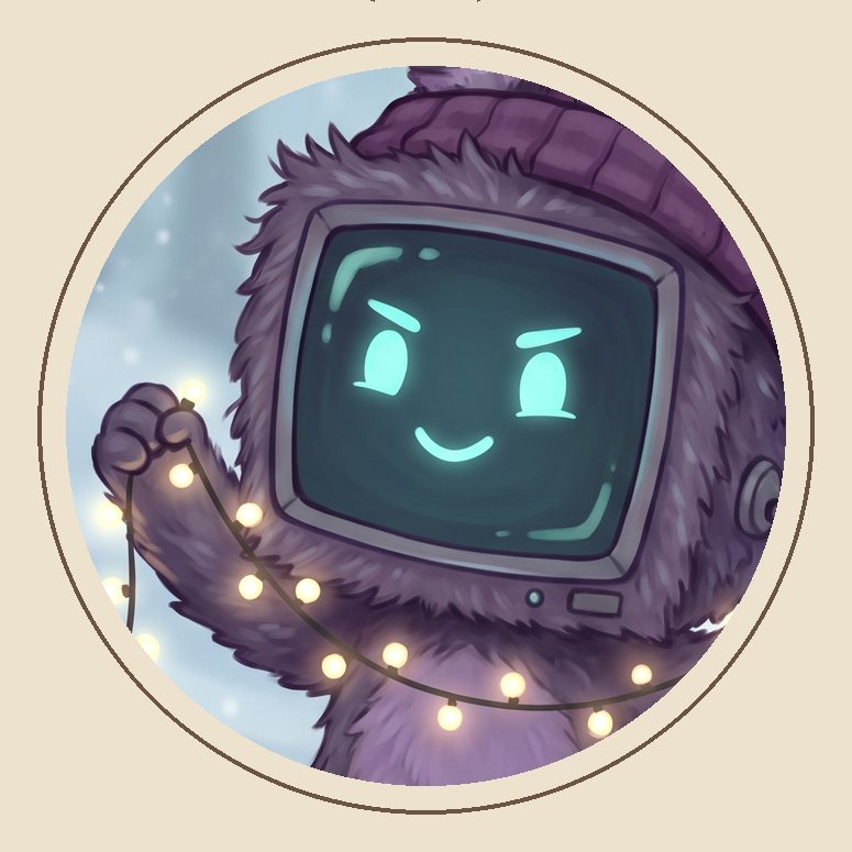 Circular ornament preview of Static, a television-headed attic toy with a glowing screen face, holding a string of warm fairy lights in the snow.