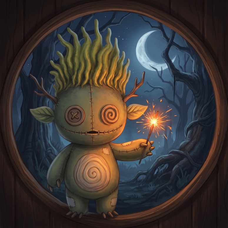 Circular ornament preview of Tanglewood, a stitched wooden attic toy with antlers and a spiral belly, holding a lit sparkler at a round attic window with a crescent moon behind him.