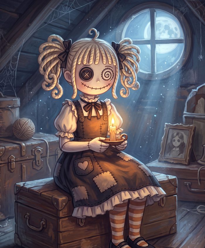 Art print preview of Hollow Belle, a button-eyed rag doll, sitting on an attic trunk by moonlight and holding a lit candle.