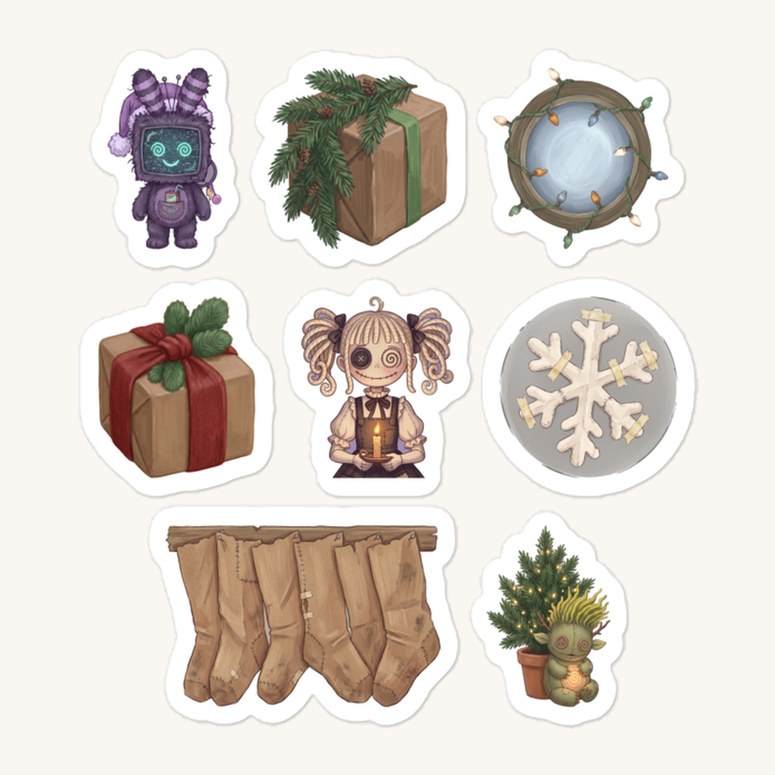 Preview sheet of eight winter attic stickers: a television-headed bear in a nightcap, a gift wrapped in brown paper with pine, a round window ringed with string lights, a gift with a red ribbon, a doll holding a candle, a taped paper snowflake, a row of hanging stockings and a leafy creature beside a small tree.
